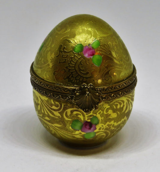 LIMOGES FRANCE BOX -DUMONT- VINTAGE GOLD INCRUSTATION EGG & PINK ROSES - FLOWERS