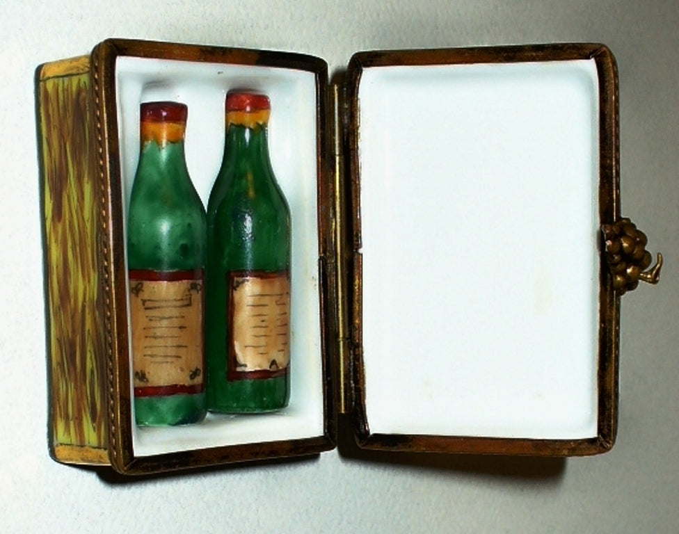 LIMOGES FRANCE BOX ~WINE CRATE & TWO WINE BOTTLES~ WINE LIST ~GRAPES~ PEINT MAIN