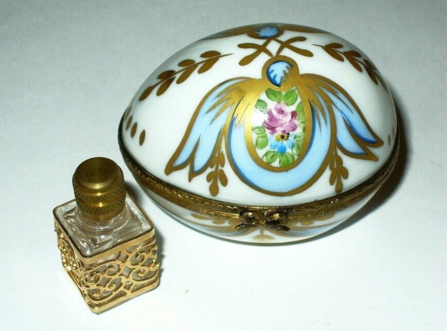 LIMOGES FRANCE BOX - FLORAL EGG - PINK ROSES & RIBBONS & PERFUME BOTTLE  - GR