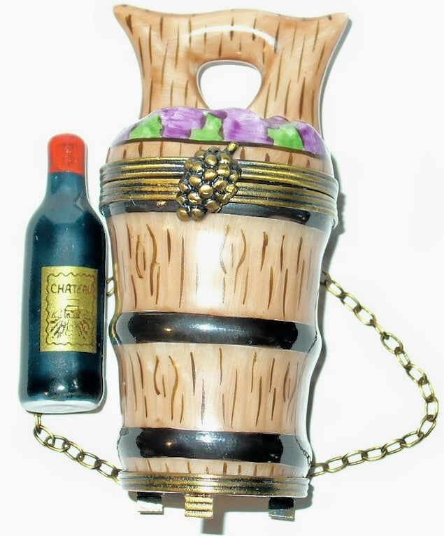 LIMOGES FRANCE BOX ~ KEG & WINE BOTTLE ~ BARREL ~ GRAPES ~ BASKET ~ PEINT MAIN