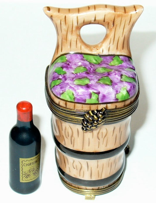 LIMOGES FRANCE BOX ~ KEG & WINE BOTTLE ~ BARREL ~ GRAPES ~ BASKET ~ PEINT MAIN