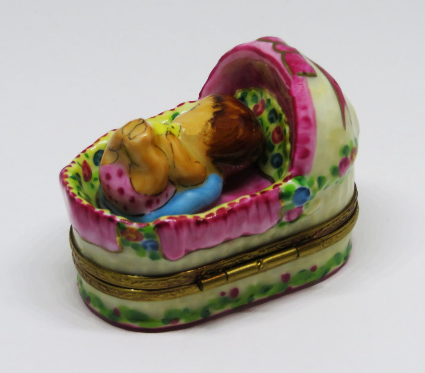 LIMOGES FRANCE BOX - ROCHARD - BABY GIRL IN A BASKET - ROSES & BOW & HEART - BIB