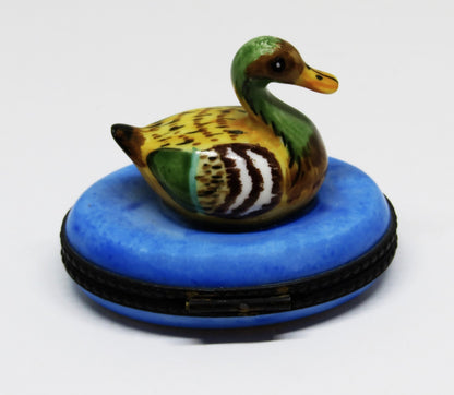 LIMOGES FRANCE BOX - COLORFUL MALLARD DUCK IN BLUE POND - REEDS & CATTAIL INSIDE