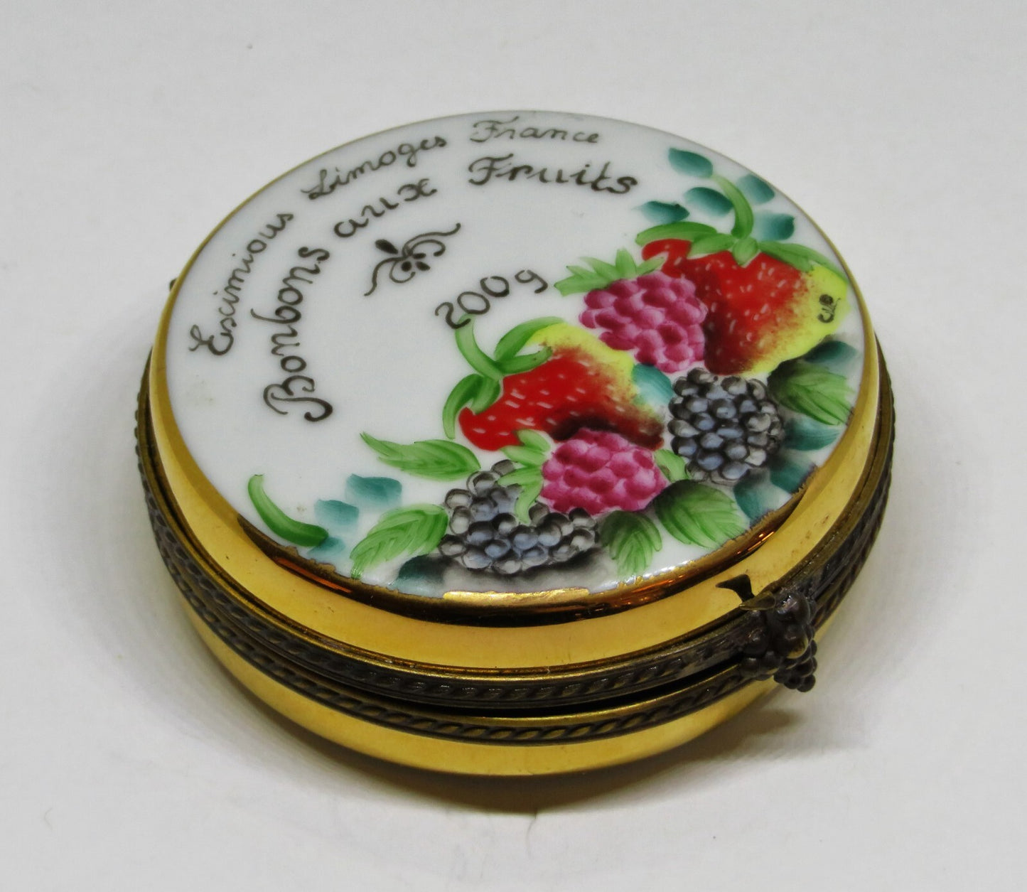 LIMOGES FRANCE BOX - EXIMIOUS - 'TIN' OF CANDY - FRUIT BONBONS - GRAPES CLASP