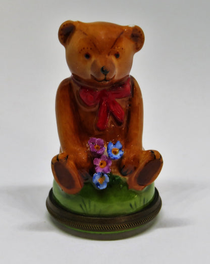 STAFFORDSHIRE ENGLISH ENAMEL BOX - TEDDY BEAR BONBONNIERE - 3D FLOWERS - MIB