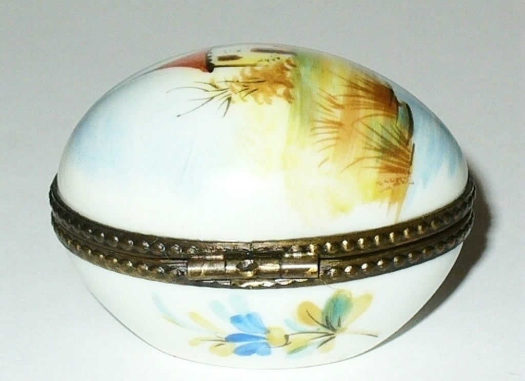 LIMOGES BOX - VINTAGE EASTER EGG & RURAL LANDSCAPE SCENE -SILO & STREAM- FLOWERS