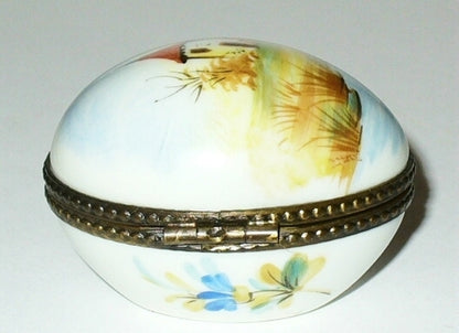 LIMOGES BOX - VINTAGE EASTER EGG & RURAL LANDSCAPE SCENE -SILO & STREAM- FLOWERS