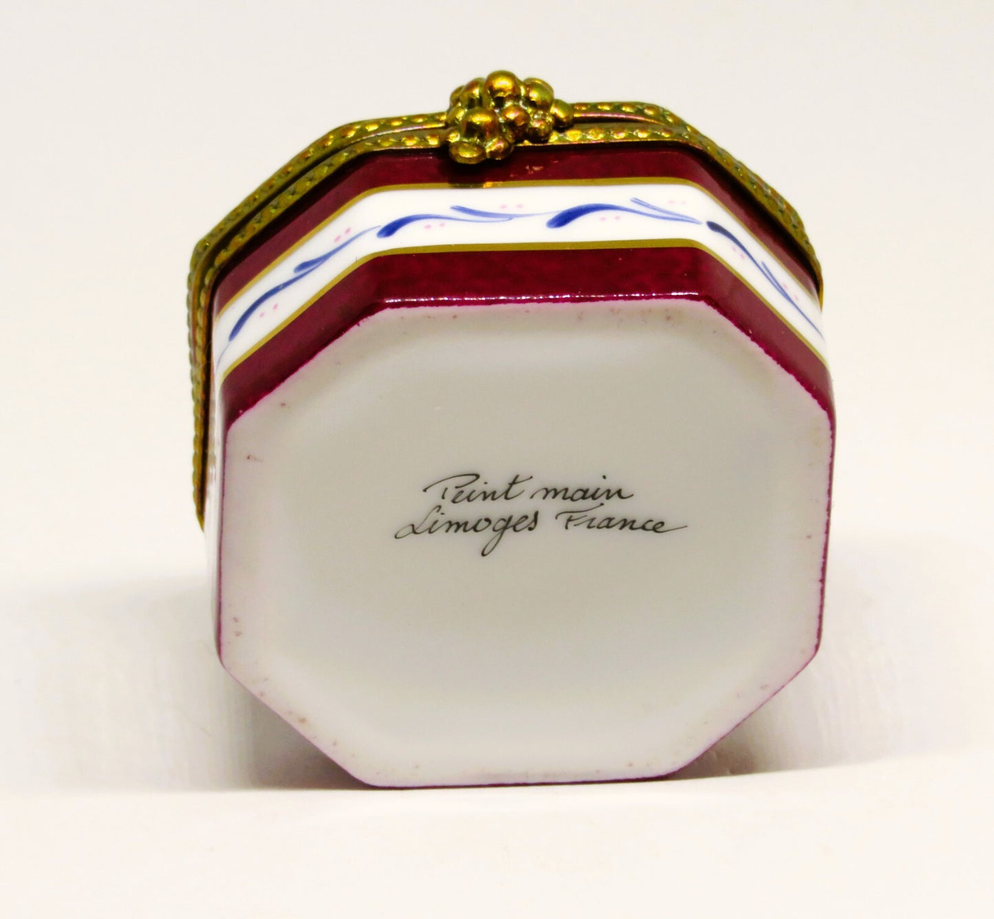 LIMOGES FRANCE BOX ~ BURGUNDY & WHITE OCTAGON - FRUITS - APPLES & GRAPES