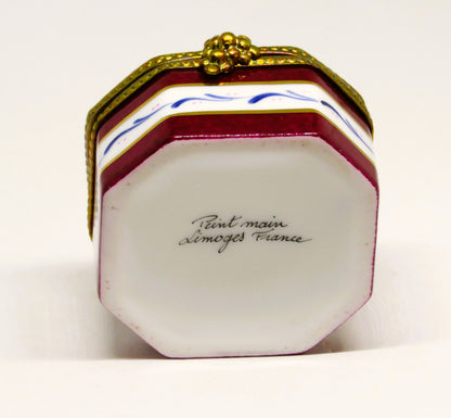 LIMOGES FRANCE BOX ~ BURGUNDY & WHITE OCTAGON - FRUITS - APPLES & GRAPES
