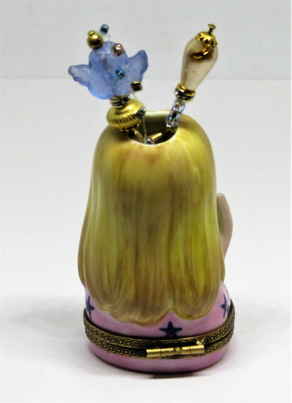 LIMOGES FRANCE BOX - CHANILLE - HIPPIE LADY HEAD VASE - TWO HAT PINS - LE - MIB