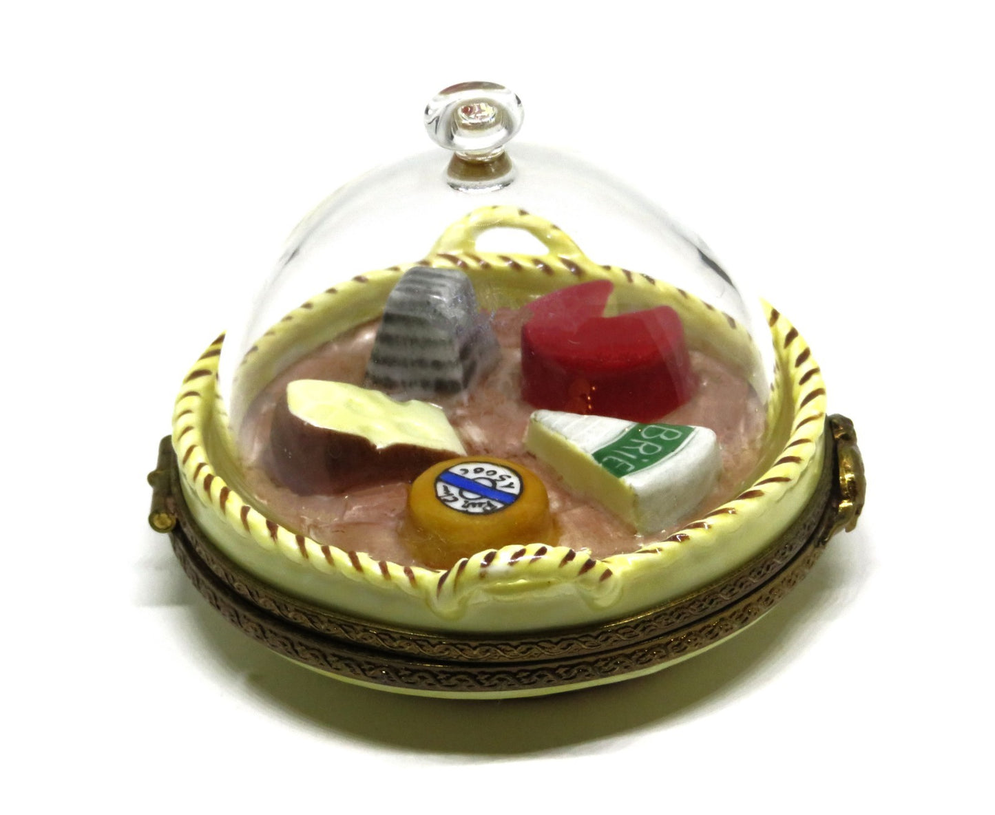 LIMOGES FRANCE BOX - PARRY-VIEILLE - DOMED GLASS CHEESE TRAY - MOUSE CLASP - COW