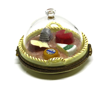 LIMOGES FRANCE BOX - PARRY-VIEILLE - DOMED GLASS CHEESE TRAY - MOUSE CLASP - COW