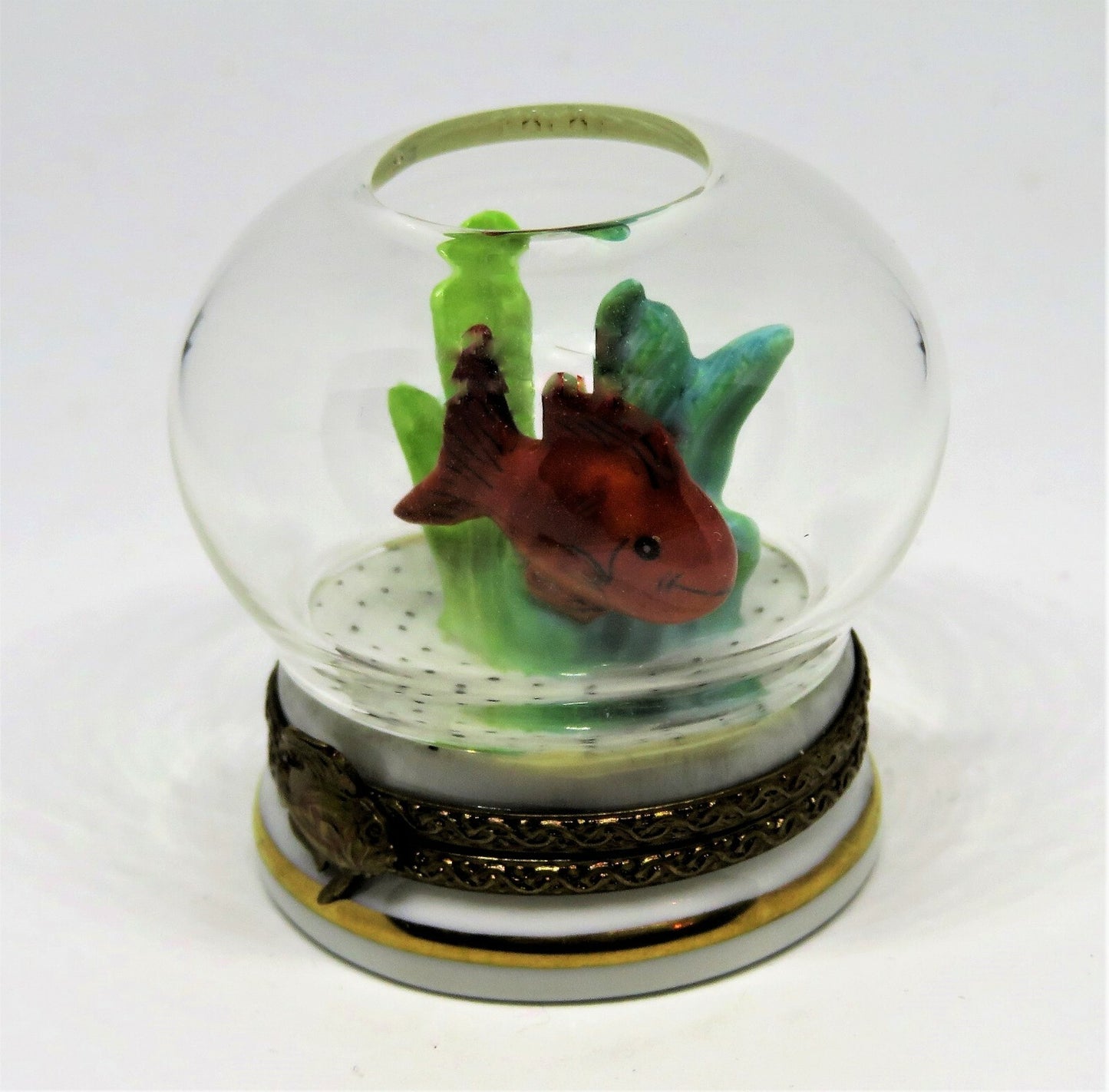 LIMOGES FRANCE BOX - ROCHARD - GOLDFISH IN A GLASS FISH BOWL - CORAL & PEBBLES