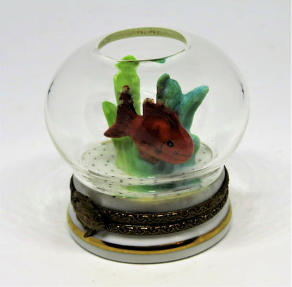 LIMOGES FRANCE BOX - ROCHARD - GOLDFISH IN A GLASS FISH BOWL - CORAL & PEBBLES