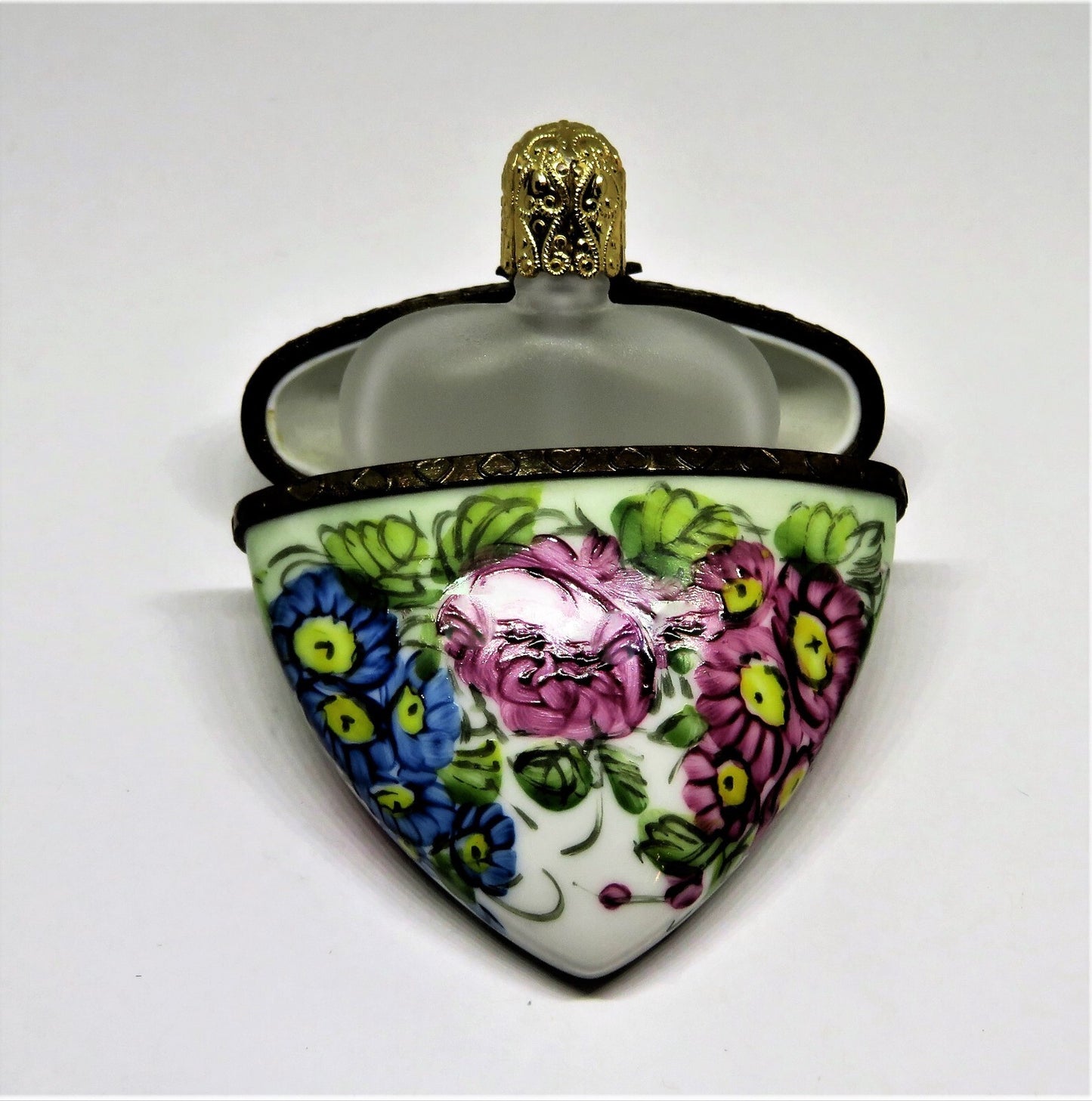 LIMOGES FRANCE BOX - FLORAL HEART & PERFUME BOTTLE - FLOWERS - PINK ROSES