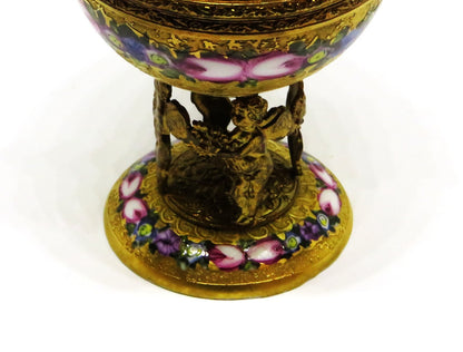 LIMOGES BOX - VINTAGE GOLD INCRUSTATION GLOBE & ANGEL STAND - FLOWERS - ROSES