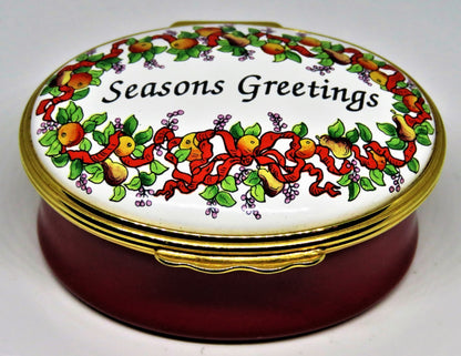 HALCYON DAYS ENAMEL BOX - "SEASONS GREETINGS" - CHRISTMAS WREATH - MISTLETOE