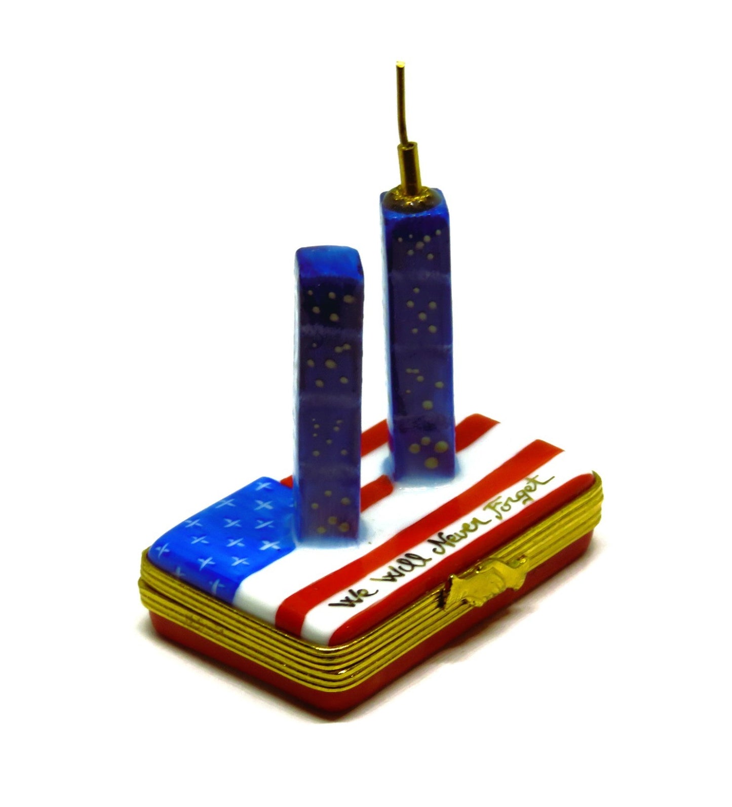 LIMOGES FRANCE BOX- TWIN TOWERS & UNITED STATES FLAG - 911 REMEMBRANCE - 238/750