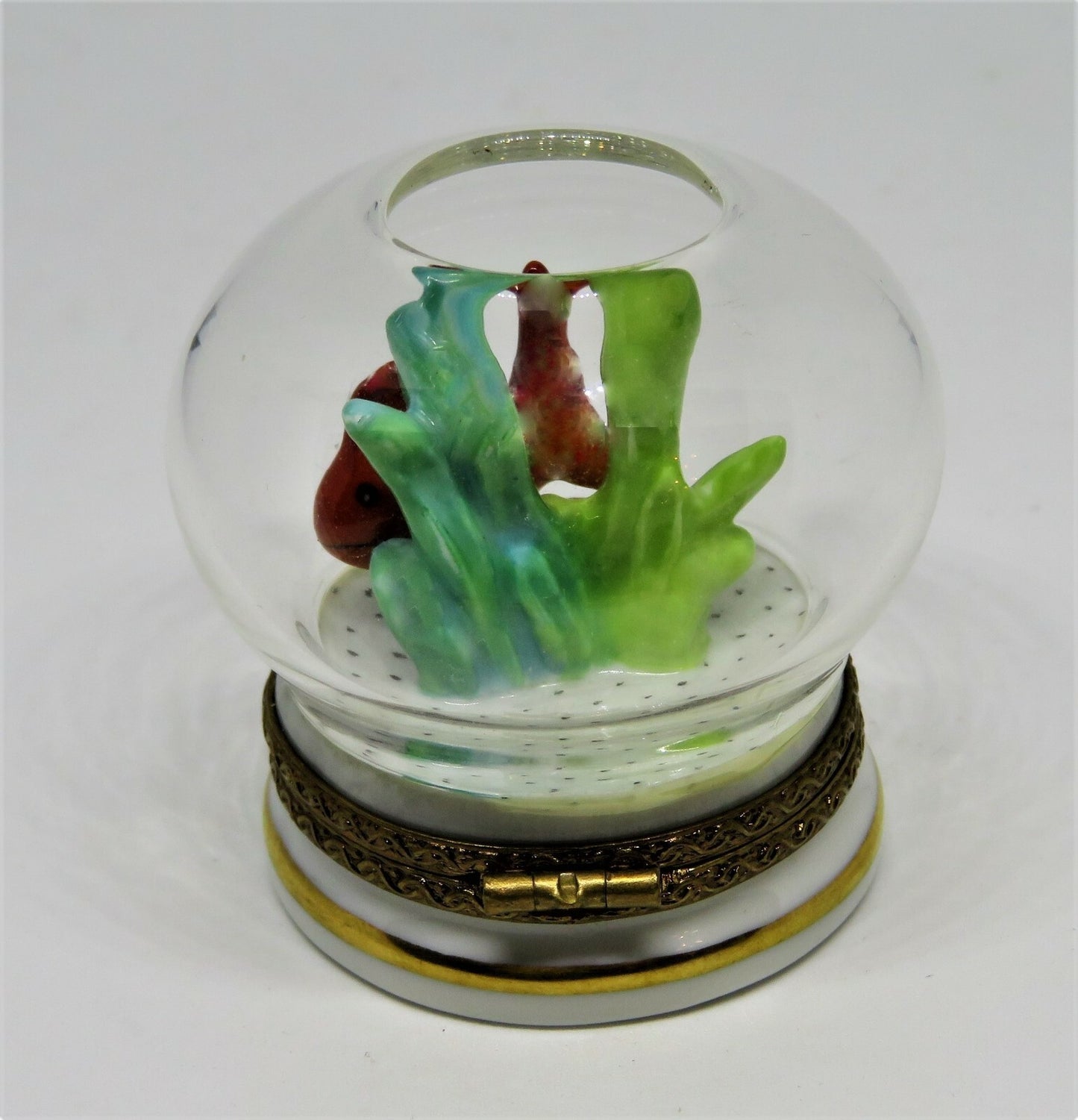 LIMOGES FRANCE BOX - ROCHARD - GOLDFISH IN A GLASS FISH BOWL - CORAL & PEBBLES