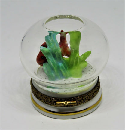 LIMOGES FRANCE BOX - ROCHARD - GOLDFISH IN A GLASS FISH BOWL - CORAL & PEBBLES