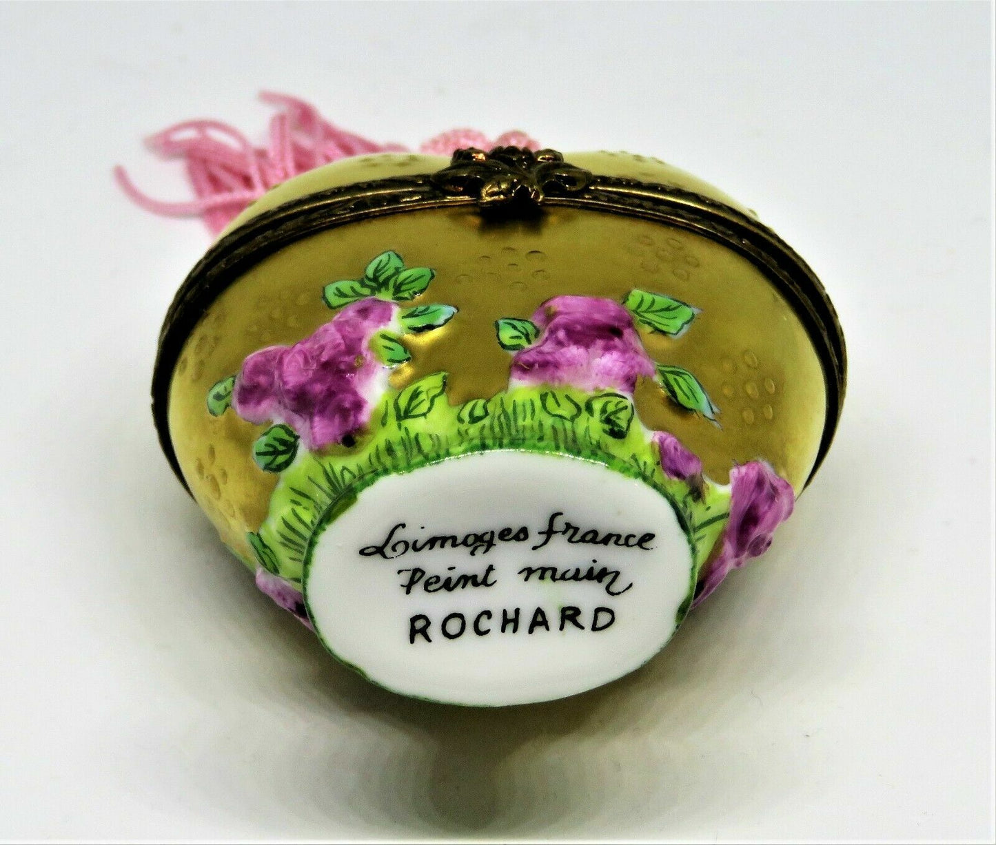 LIMOGES BOX - ROCHARD - GOLD FLORAL HEART & PERFUME BOTTLE - PINK ROSES & TASSEL