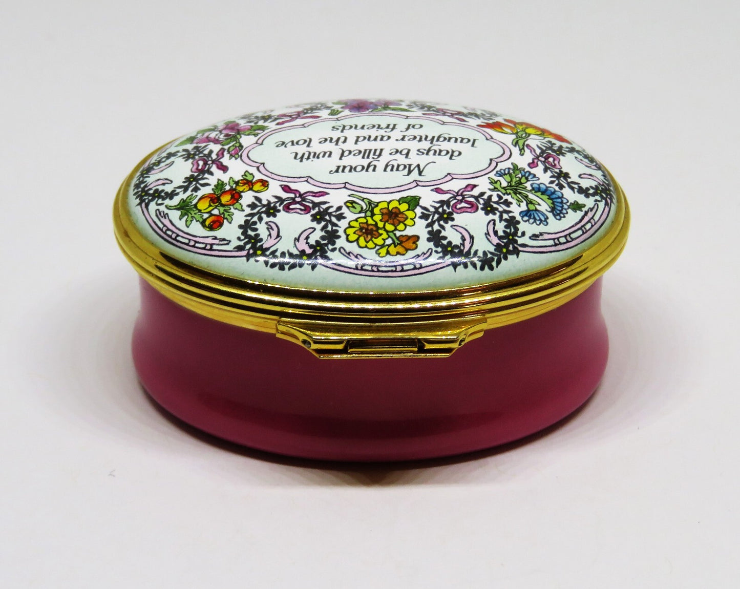 HALCYON DAYS ENGLISH ENAMEL BOX - "LAUGHTER AND THE LOVE OF FRIENDS" - FLOWERS
