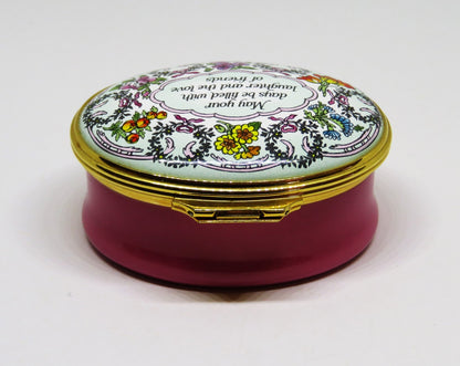 HALCYON DAYS ENGLISH ENAMEL BOX - "LAUGHTER AND THE LOVE OF FRIENDS" - FLOWERS