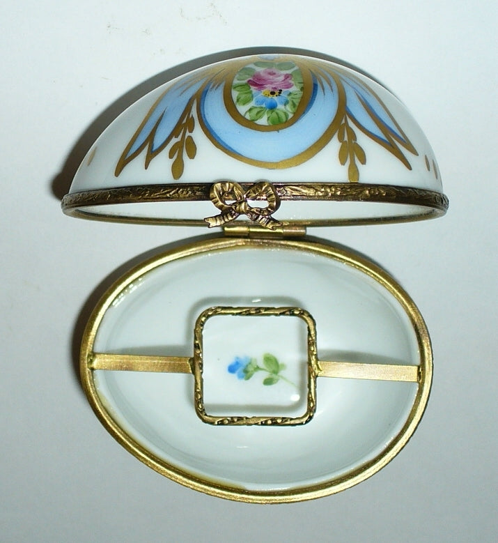 LIMOGES FRANCE BOX - FLORAL EGG - PINK ROSES & RIBBONS & PERFUME BOTTLE  - GR