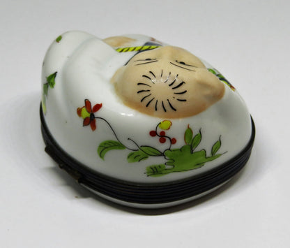 LIMOGES FRANCE BOX - RECLINING BUDDHA - FLOWERS & BUTTERFLY & ASIAN MAN - "MC"
