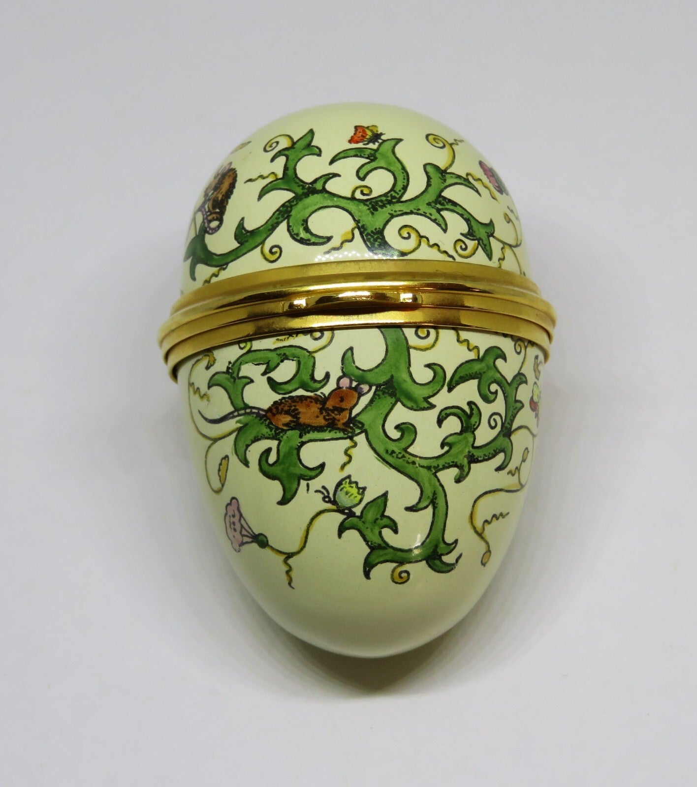 STAFFORDSHIRE ENGLISH ENAMEL BOX - VINTAGE EGG - MICE - BUTTERFLY - DRAGONFLY