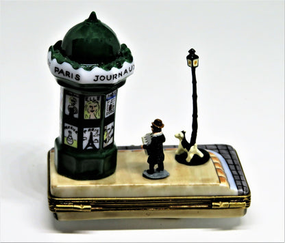 LIMOGES FRANCE BOX - PARIS SCENE - NEWSPAPER KIOSK & MAN & DOG & STREET LIGHT