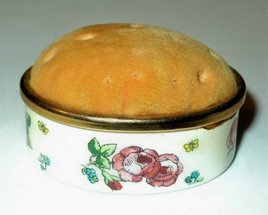 HALCYON DAYS ENAMEL BOX - FLORAL & BUTTERFLY PIN CUSHION - ROSES - SEWING - MIB