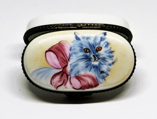 LIMOGES FRANCE BOX -ROCHARD- VINTAGE PERSIAN CAT & PINK BOW -KITTEN- KITTY -"MC"