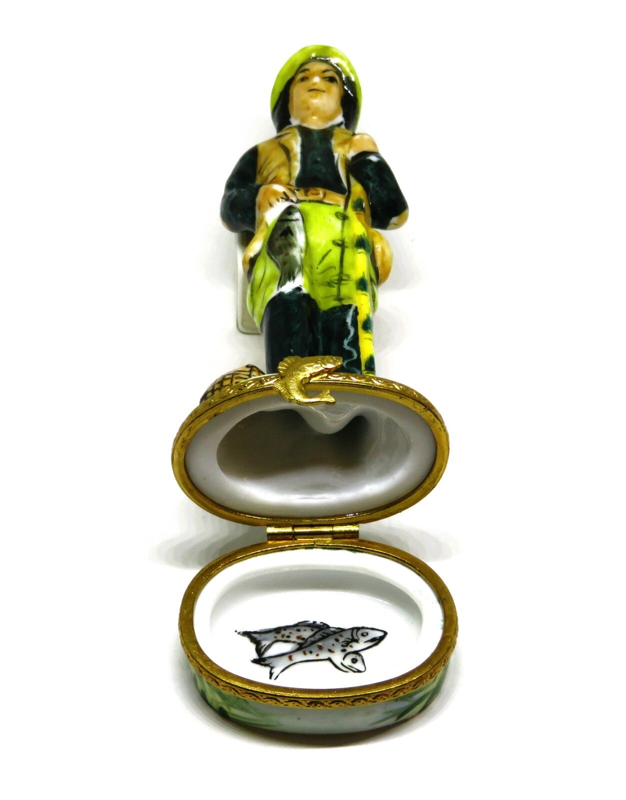 LIMOGES FRANCE BOX ~ FISHERMAN ~ ROD & CREEL & FISH ~ PEINT MAIN - PEINT MAIN