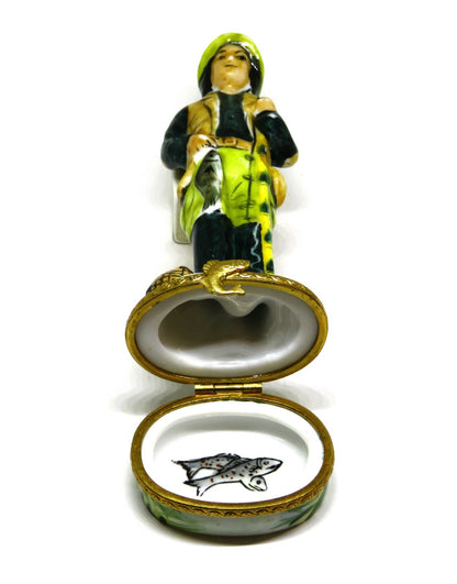 LIMOGES FRANCE BOX ~ FISHERMAN ~ ROD & CREEL & FISH ~ PEINT MAIN - PEINT MAIN