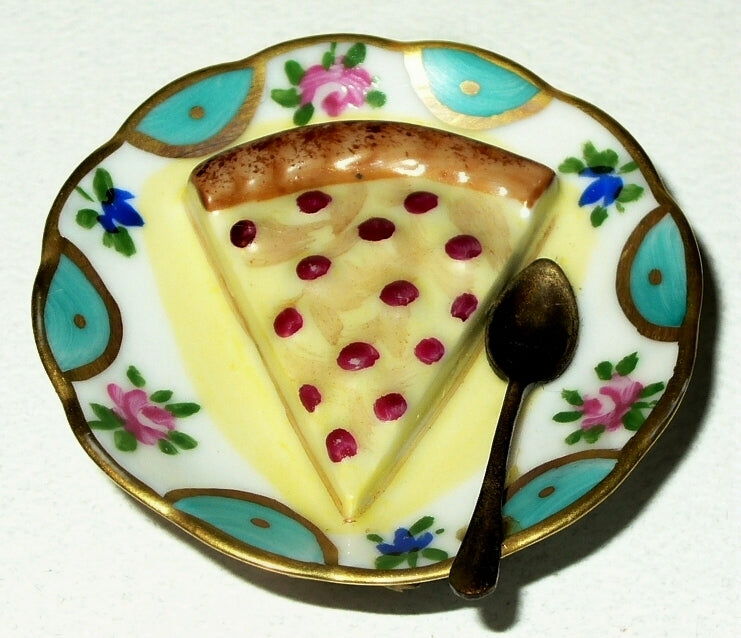 LIMOGES BOX~ CHERRY CHEESECAKE ON A PLATE ~ SPOON & NAPKIN ~DESSERT~ PEINT MAIN