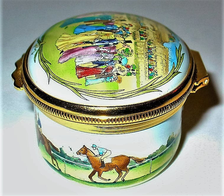 HALCYON DAYS ENAMEL BOX - ROYAL ENCLOSURE AT ASCOT RACES - EDWARDIAN TIMES - MIB
