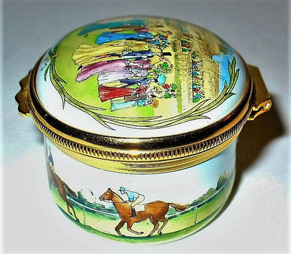 HALCYON DAYS ENAMEL BOX - ROYAL ENCLOSURE AT ASCOT RACES - EDWARDIAN TIMES - MIB