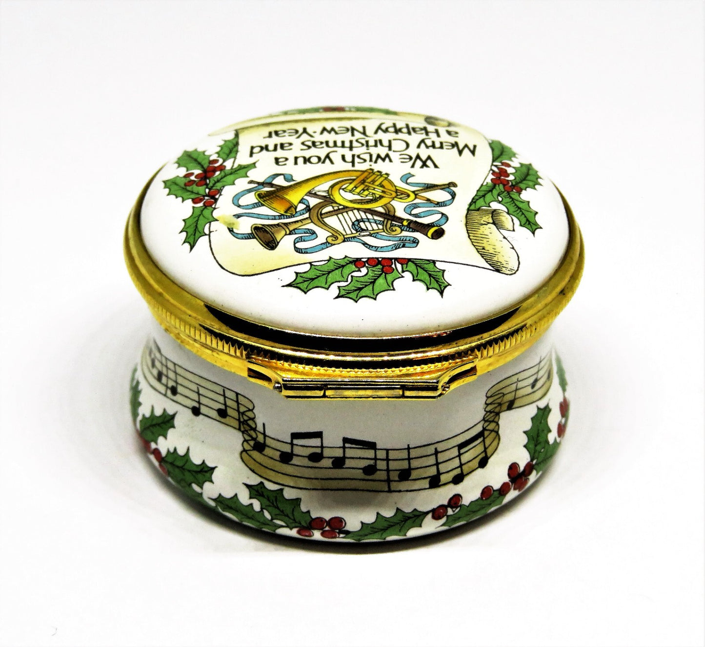 HALCYON DAYS ENAMEL MUSIC BOX - "WE WISH YOU A MERRY CHRISTMAS" - HOLLY - MIB