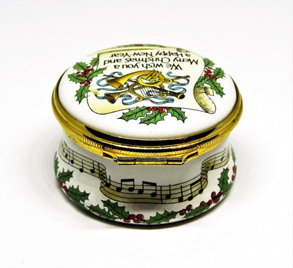 HALCYON DAYS ENAMEL MUSIC BOX - "WE WISH YOU A MERRY CHRISTMAS" - HOLLY - MIB