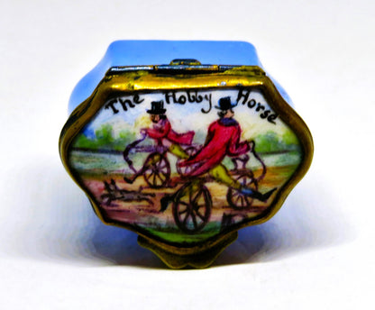 ANTIQUE ENAMEL BOX- 18TH TO 19TH CENTURY - "THE HOBBY HORSE" - MEN ON BICYCLES
