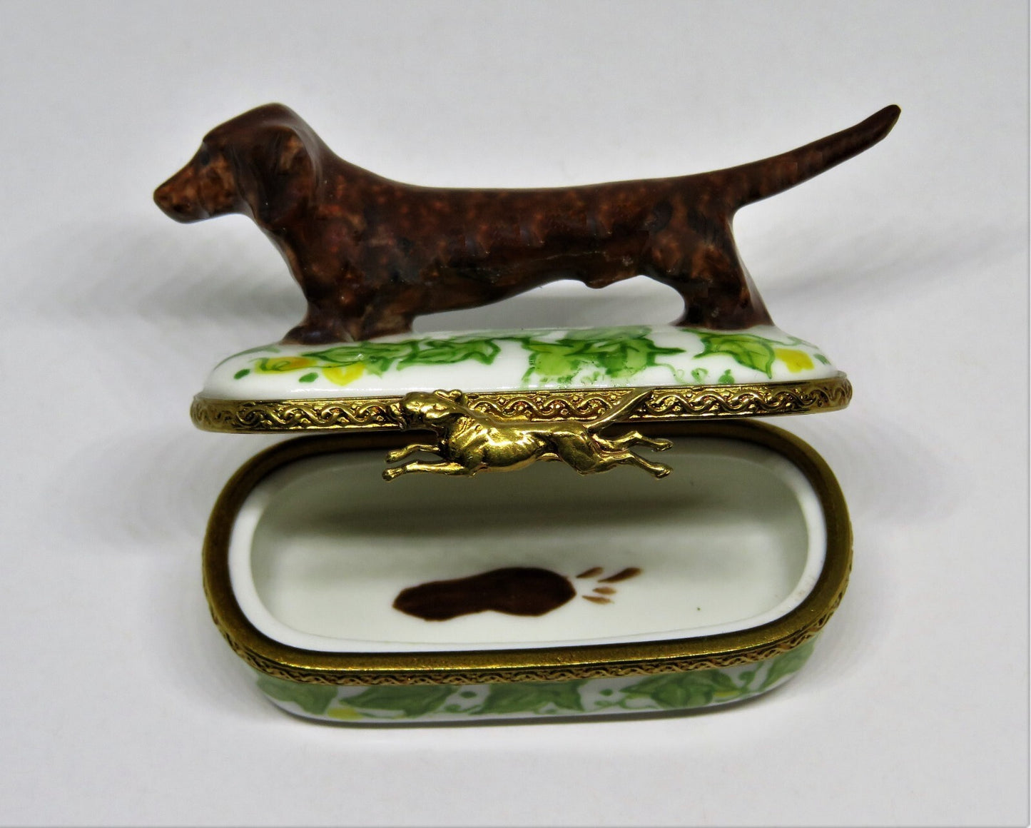 LIMOGES FRANCE - BROWN DACHSHUND DOG & PIN SHAPED BOX - LEAVES & FLOWERS - PUPPY