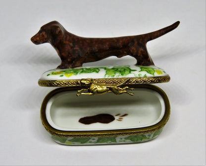 LIMOGES FRANCE - BROWN DACHSHUND DOG & PIN SHAPED BOX - LEAVES & FLOWERS - PUPPY