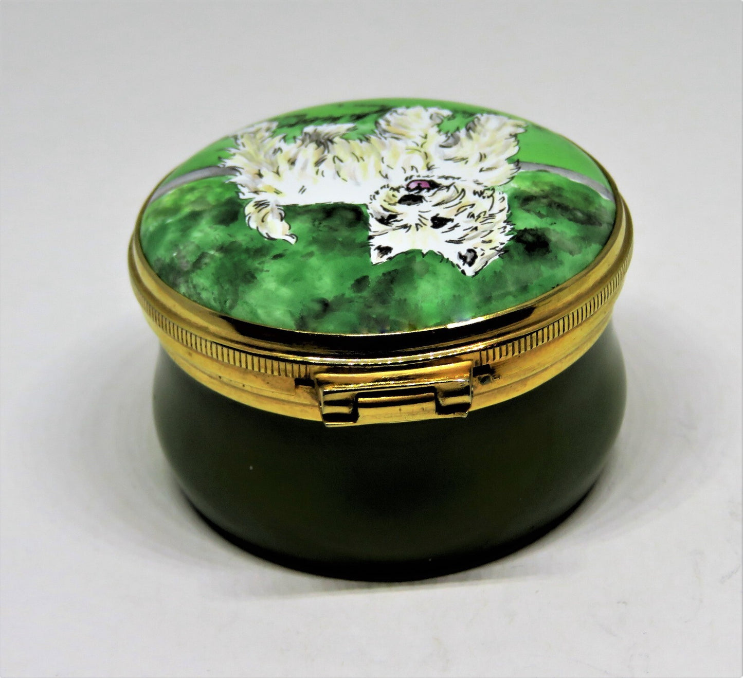 CRUMMLES ENGLISH ENAMEL BOX - VINTAGE - WEST HIGHLAND TERRIER PUPPY - DOG
