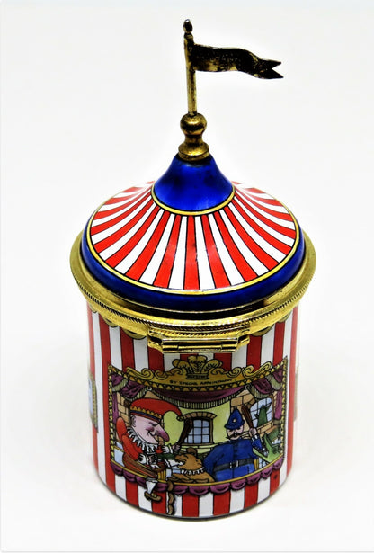 STAFFORDSHIRE ENGLISH ENAMELS BOX - STRIPED TENT WITH PUNCH & JUDY PUPPET SHOW