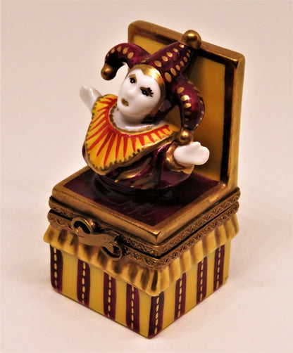 LIMOGES FRANCE BOX -PARRY-VIEILLE- JACK-IN-THE-BOX -MEDIEVAL JESTER- CLOWN -TOYS