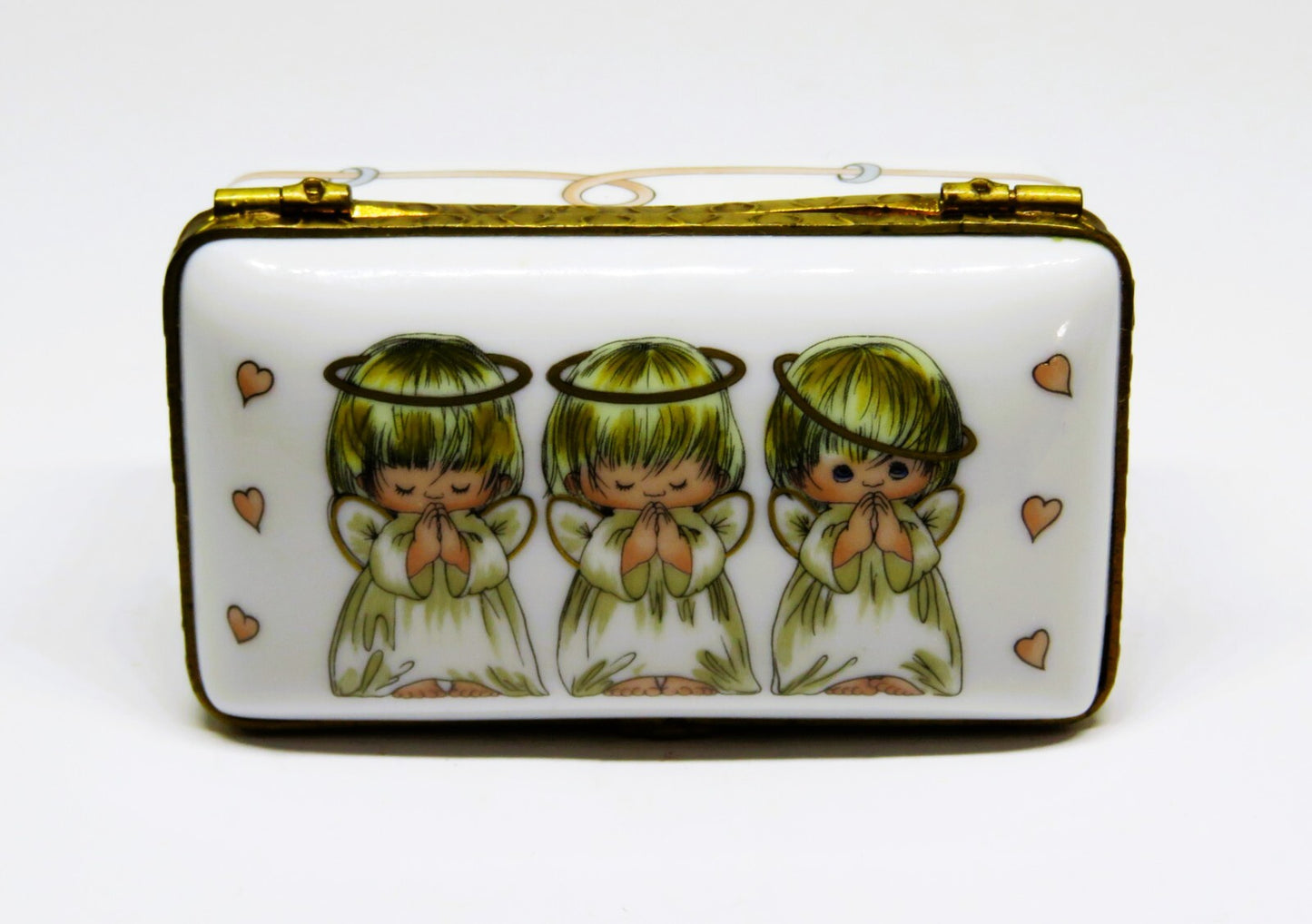 LIMOGES FRANCE BOX - ROCHARD - 3 LITTLE ANGELS - PINK HEARTS - "GOD BLESS YOU!"