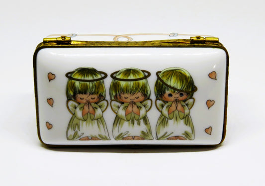 LIMOGES FRANCE BOX - ROCHARD - 3 LITTLE ANGELS - PINK HEARTS - "GOD BLESS YOU!"
