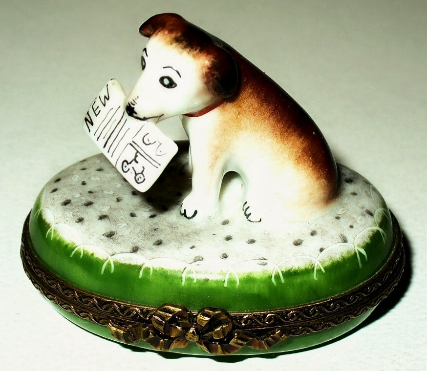 LIMOGES FRANCE BOX- PARRY-VIEILLE - TERRIER DOG & NEWSPAPER IN HIS MOUTH - PUPPY