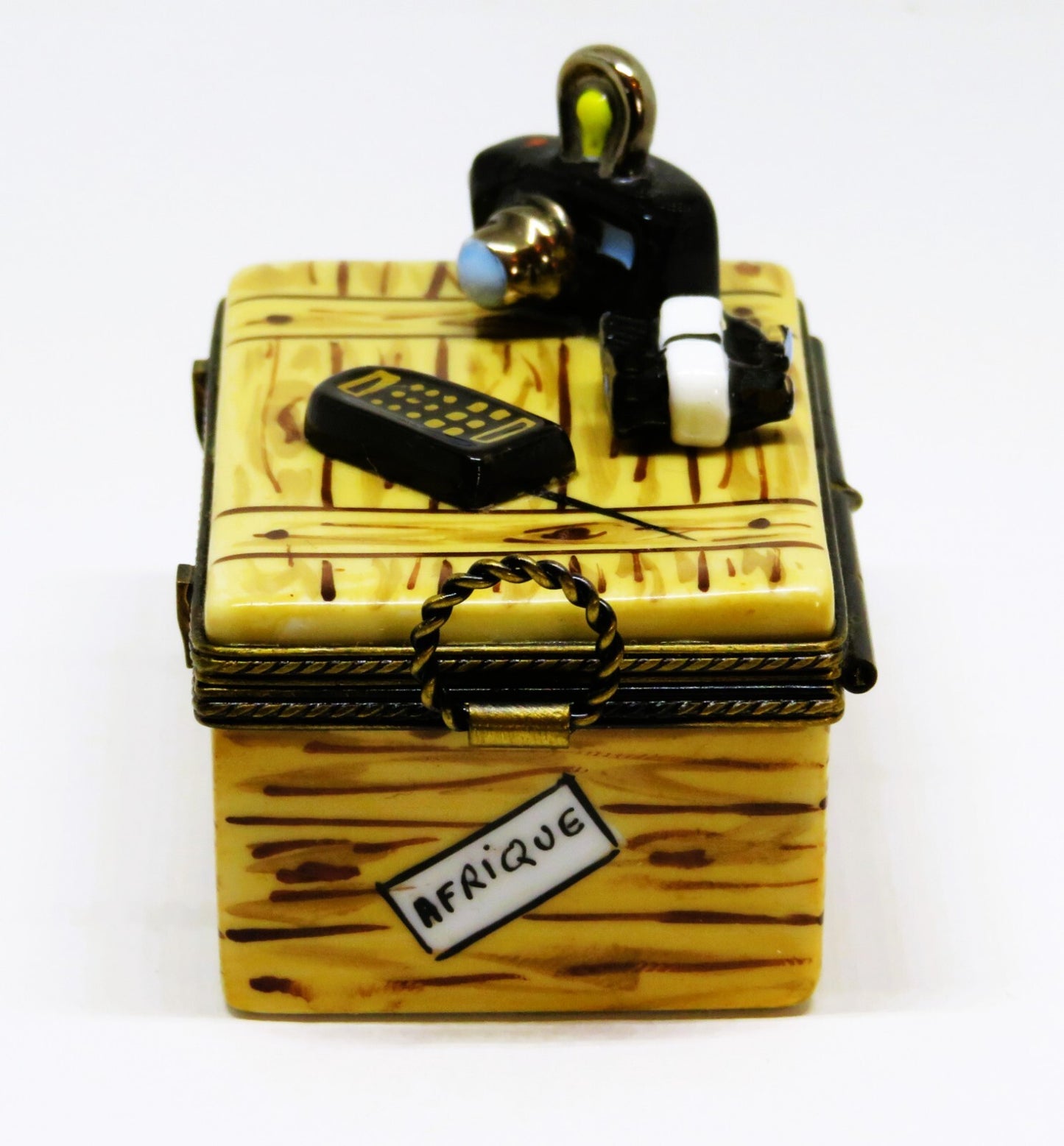 LIMOGES BOX - EXIMIOUS - AFRICAN SAFARI TRAVEL TRUNK - CAMERA & MAP & BINOCULARS